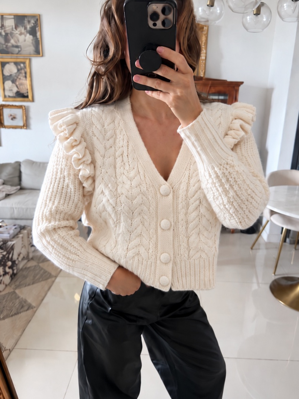 Anthropologie- Chelsea & violet off white Cable-Knit Ruffle Cardigan Sweater